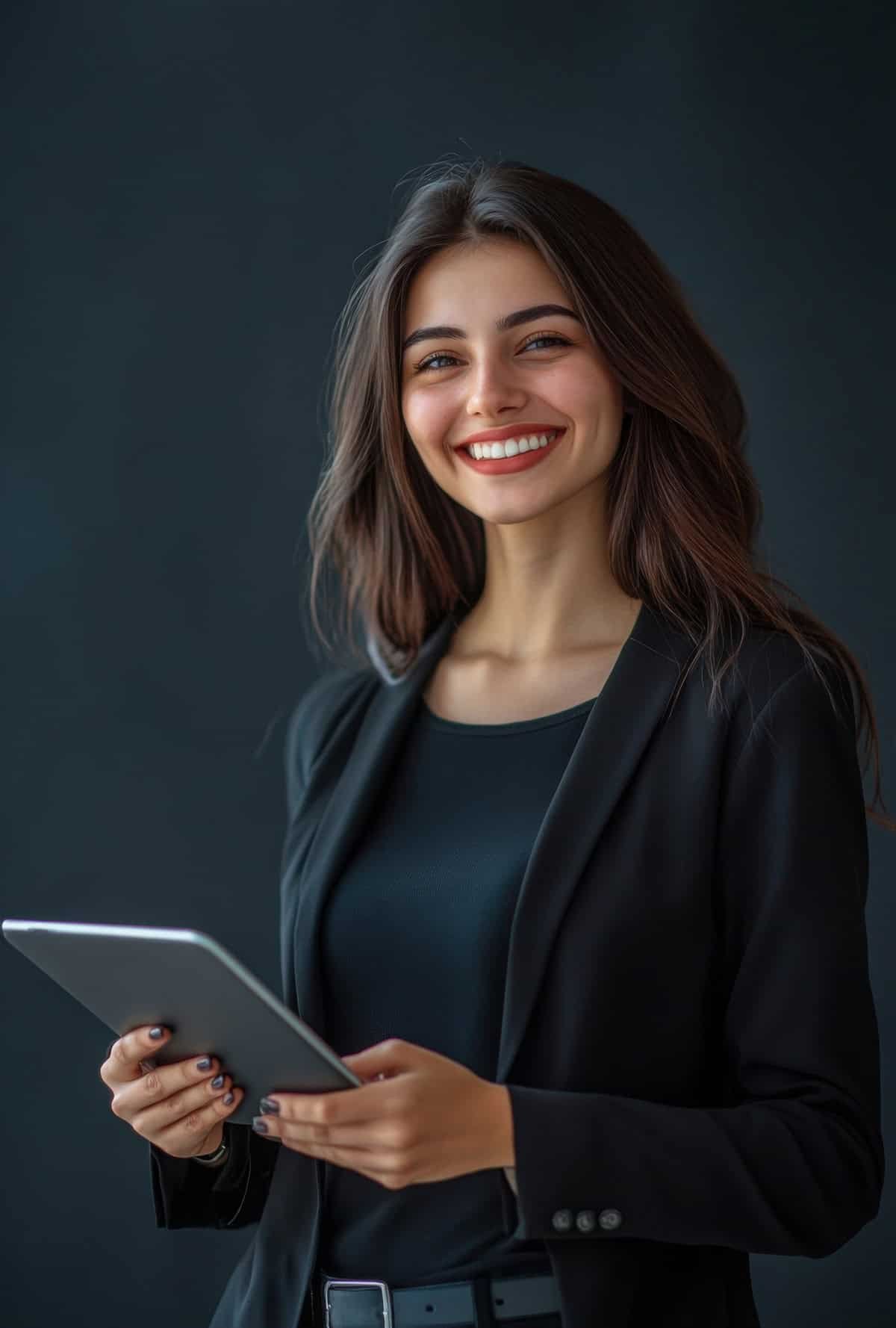 Businesswoman Smiling Holding Tablet With Copy Space Left Side Text Design